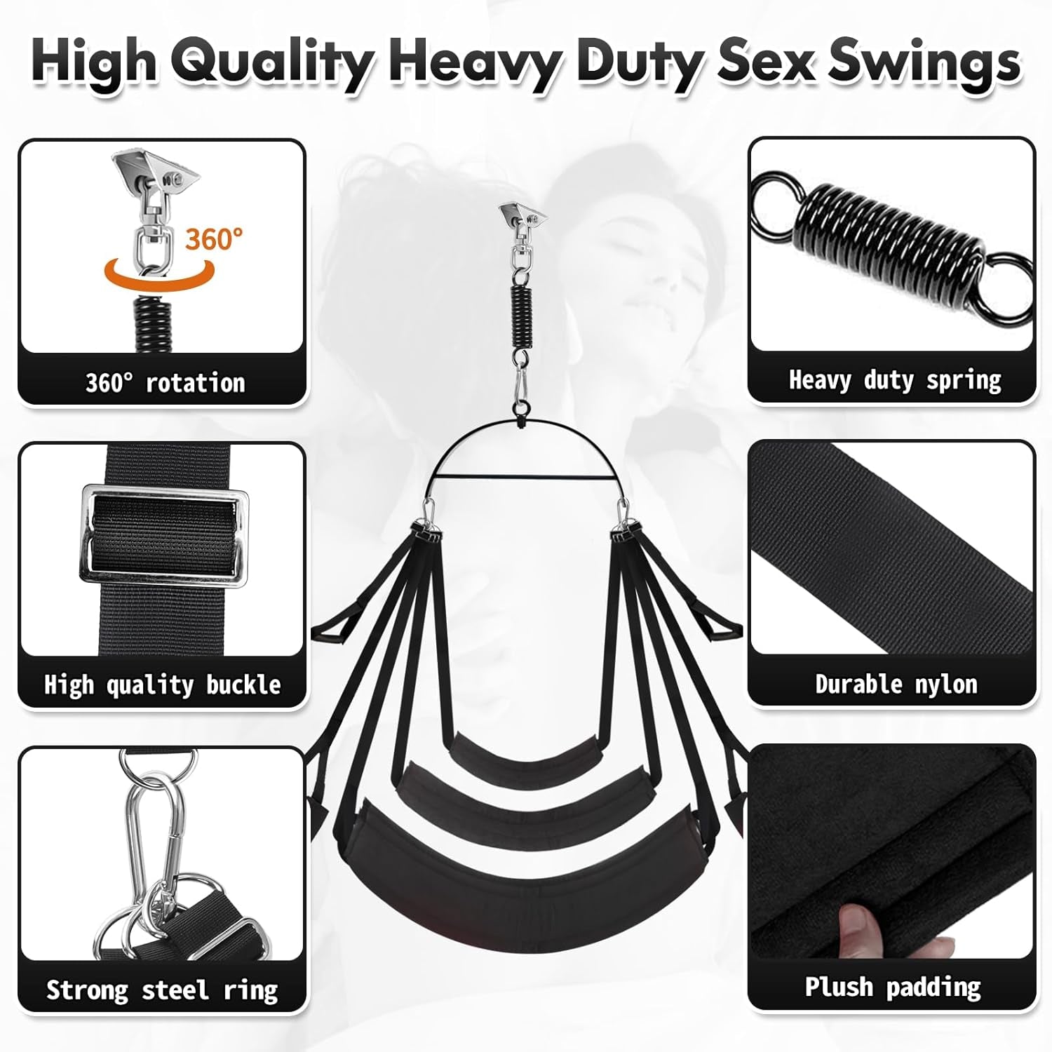 Sex Swing for Couples, 2-In-1 Door & Ceiling Sex Toys with 360° Rotation, Widened Padded Seat & Adjustable Straps for Ultimate Support (Black)