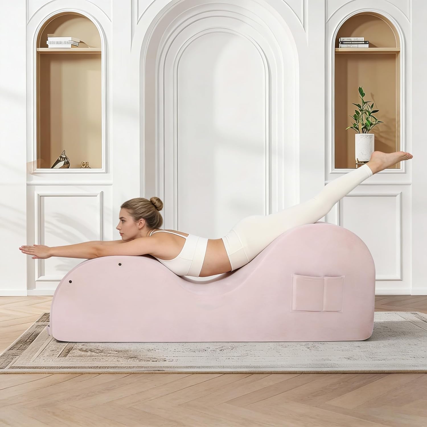 Chaise Lounge Chair for Yoga, Chaise Lounge with Headrest, Waist Pad, Foot Pad, Washable Cover Side Pockets Non-Slip Bottom, Yoga Chair for Relaxation Stretching (Pink, Large)