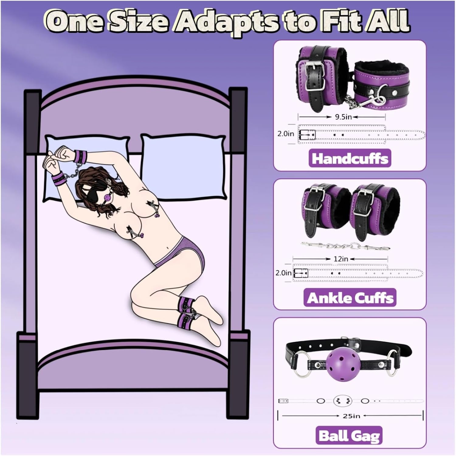 BDSM Bondage Restraint Kits 12PCS Sets Sex Toys Handcuffs Ankle Collar Cuffs Blindfold Feather Tickler Ball Gag Anal Plug SM Games Adjustable for Women Men