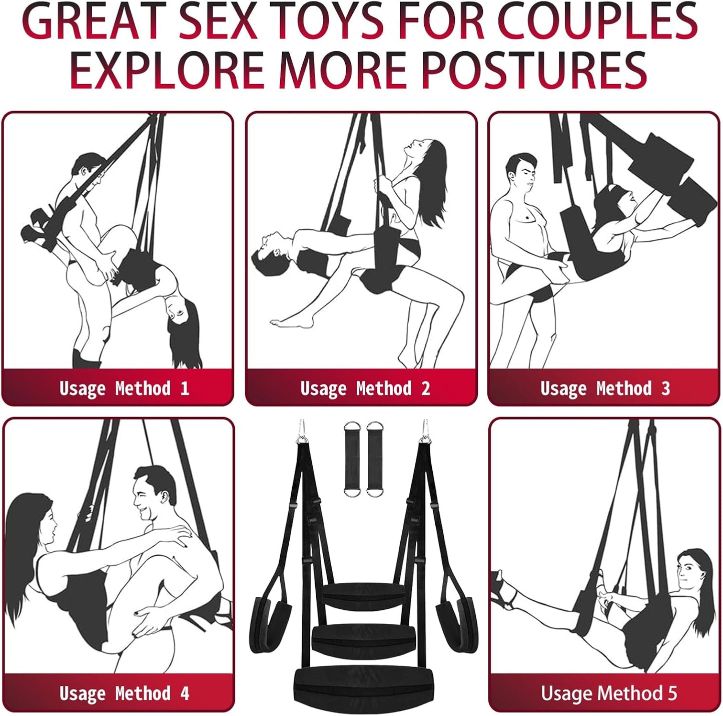 BDSM Sex Swing, Heavy Duty Sex Swings with Door Hanging Straps Adjustable Sex Sling Comfortable Padded Cushion, Bondage Swing Sex Furniture for Couples Sex Toys