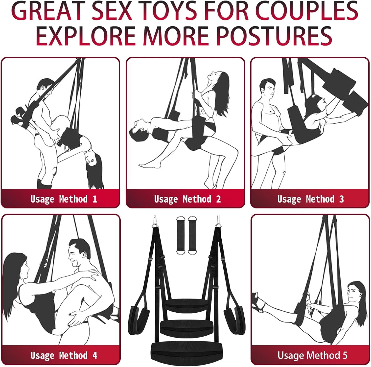 BDSM Sex Swing, Heavy Duty Sex Swings with Door Hanging Straps Adjustable Sex Sling Comfortable Padded Cushion, Bondage Swing Sex Furniture for Couples Sex Toys