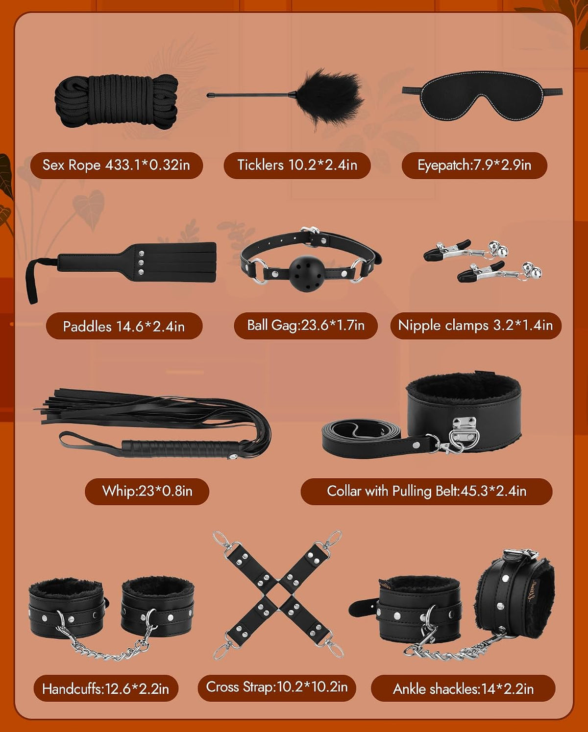 FirstDescent 11-Piece Beginner BDSM Kit with Cuffs, Collar and Paddle