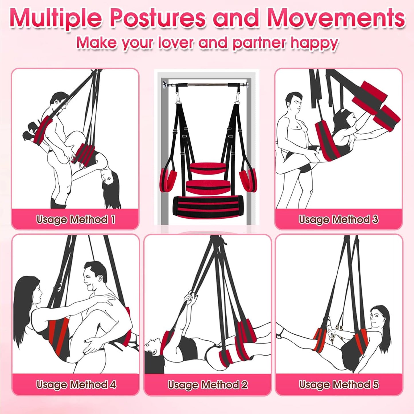 Upgraded Sex Swing BDSM Sex Toys Sex Swings with Door Hanging Straps Widened Thick Cushion Adjustable Sex Sling Hardware Buckle, Door Swing for Adult Sex Toys & Game Red