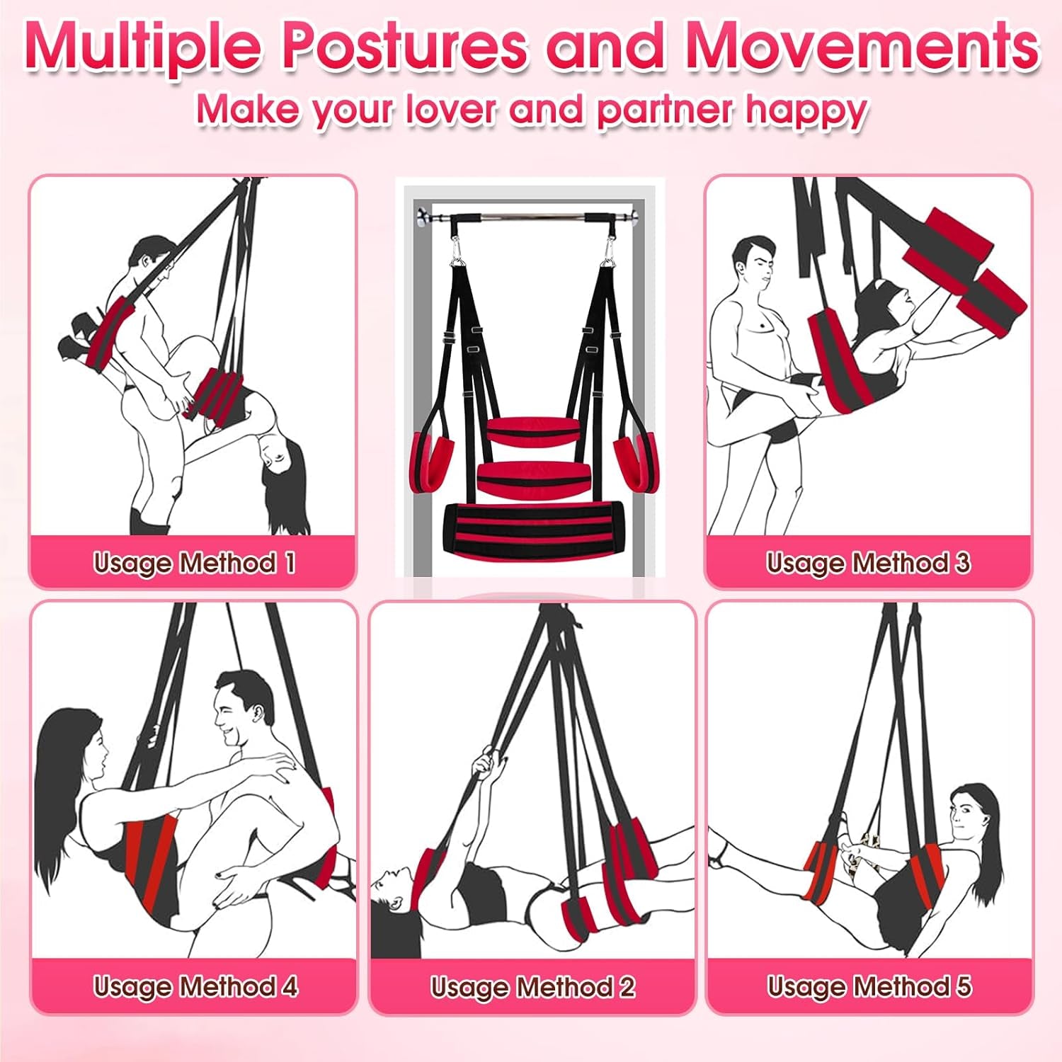 Upgraded Sex Swing BDSM Sex Toys Sex Swings with Door Hanging Straps Widened Thick Cushion Adjustable Sex Sling Hardware Buckle, Door Swing for Adult Sex Toys & Game Red