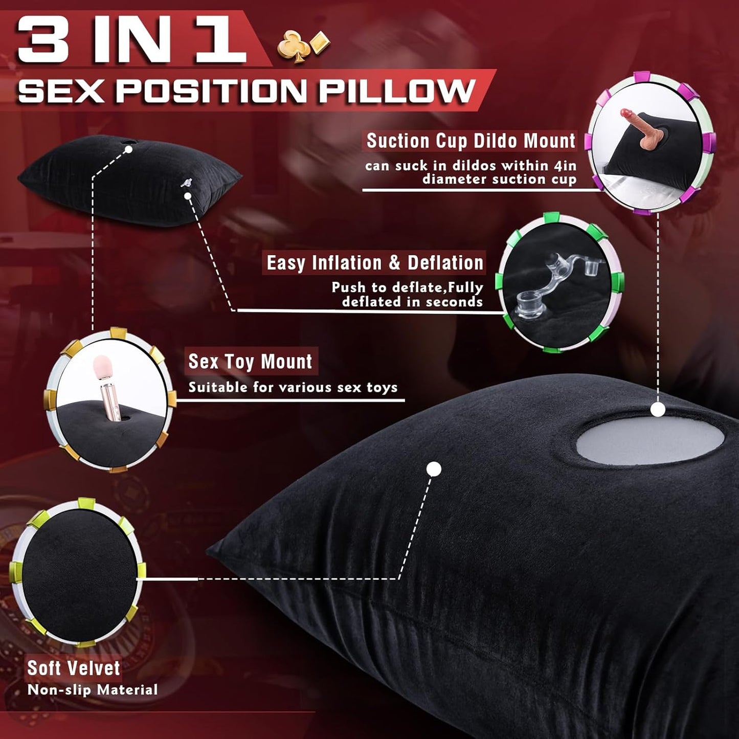 Suction Cup Dildo Mount Pillow for Solo Riding Sex, Inflatable Sex Toy Pillow Sex Cushion for Adult Coulpes Sexual Aids & Deep Penetration, Adult Sex Pillow for Sex Body Positioner(Black)