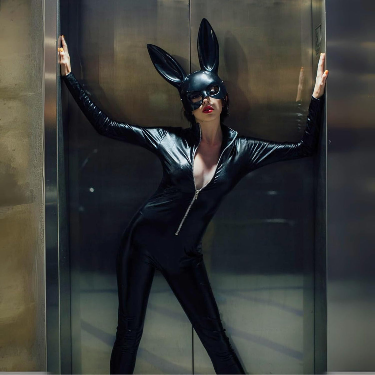 DuskLacquer Role-Play Wet Look Zip-Front Catsuit