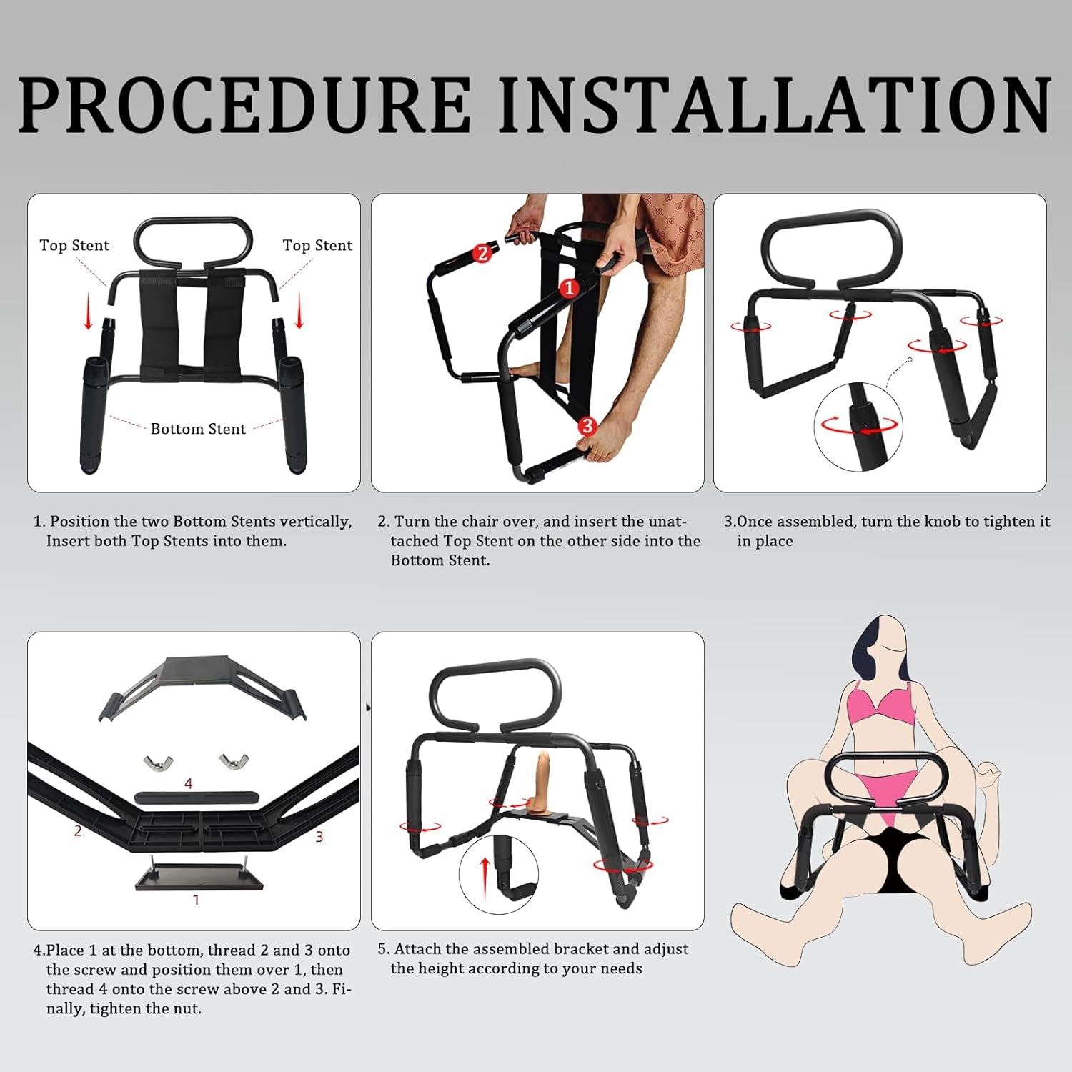 Sex Chair Adjustable Height Sex Bench Bouncing Mount Sex Stool Weightless Position Bouncer Chair with Handrail and Dildo Stainless Portable Elastic Chairs BDSM Sex Novelty Toy for Adult Game (Black)