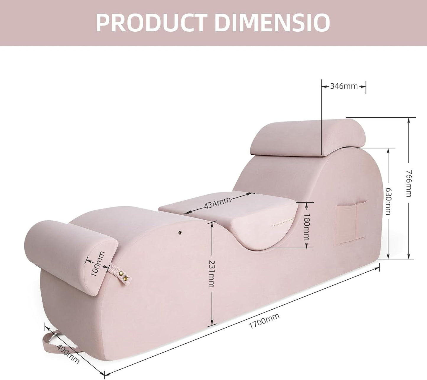 Chaise Lounge Chair for Yoga, Chaise Lounge with Headrest, Waist Pad, Foot Pad, Washable Cover Side Pockets Non-Slip Bottom, Yoga Chair for Relaxation Stretching (Pink, Large)