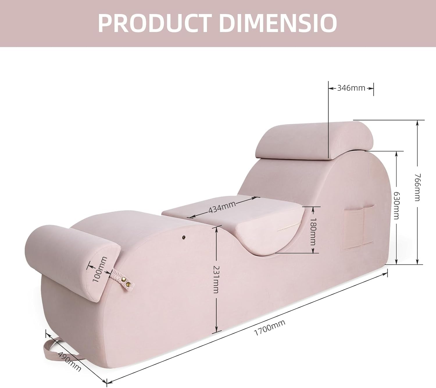 Chaise Lounge Chair for Yoga, Chaise Lounge with Headrest, Waist Pad, Foot Pad, Washable Cover Side Pockets Non-Slip Bottom, Yoga Chair for Relaxation Stretching (Pink, Large)