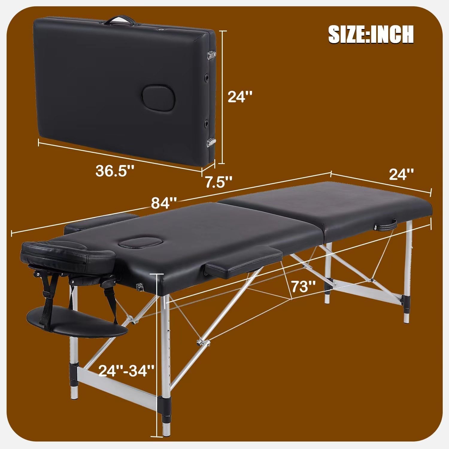 Portable Massage Table with Neck Stretcher, Light Weight 84 in Massage Bed Adjustable Lash Bed Tattoo Table for Eyelash Extensions Beauty Spa (Aluminum, Black)