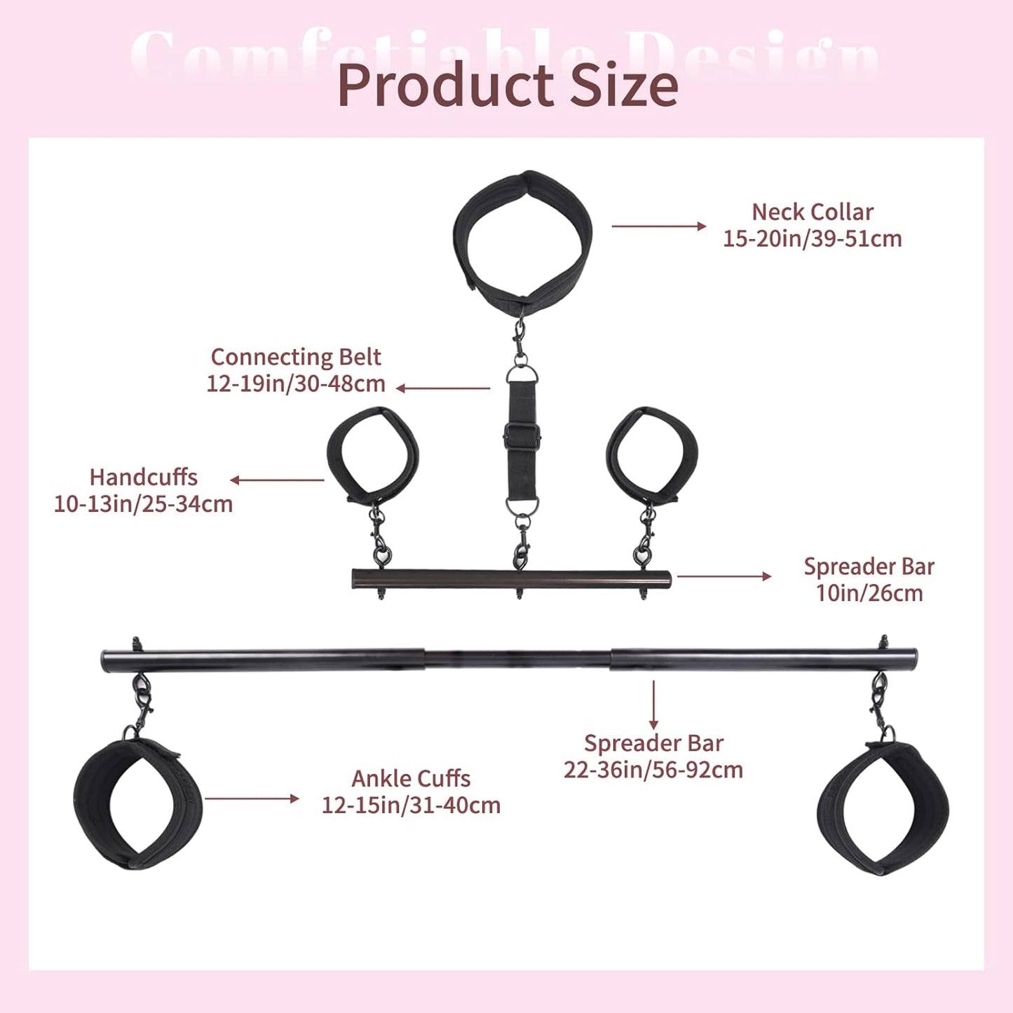 Spreader Bar Sex Toys with Wrist and Ankle Collar Restraint Set Adjustable Handcuffs Collar Restraint Set for Adult Couples BDSM (Black)