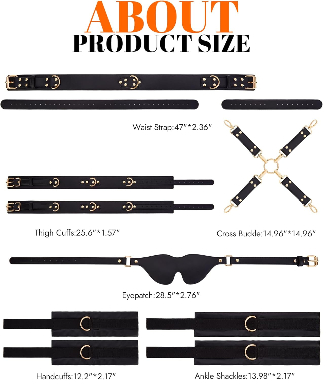 Sex Bondage BDSM Kit Restraints Adult SM 6PCS Sets with Adjustable Handcuffs Ankle Cuff Thigh Cuffs Waist Strap Blindfold Cross Strap Sex Toys for Men Women and Couples, Black