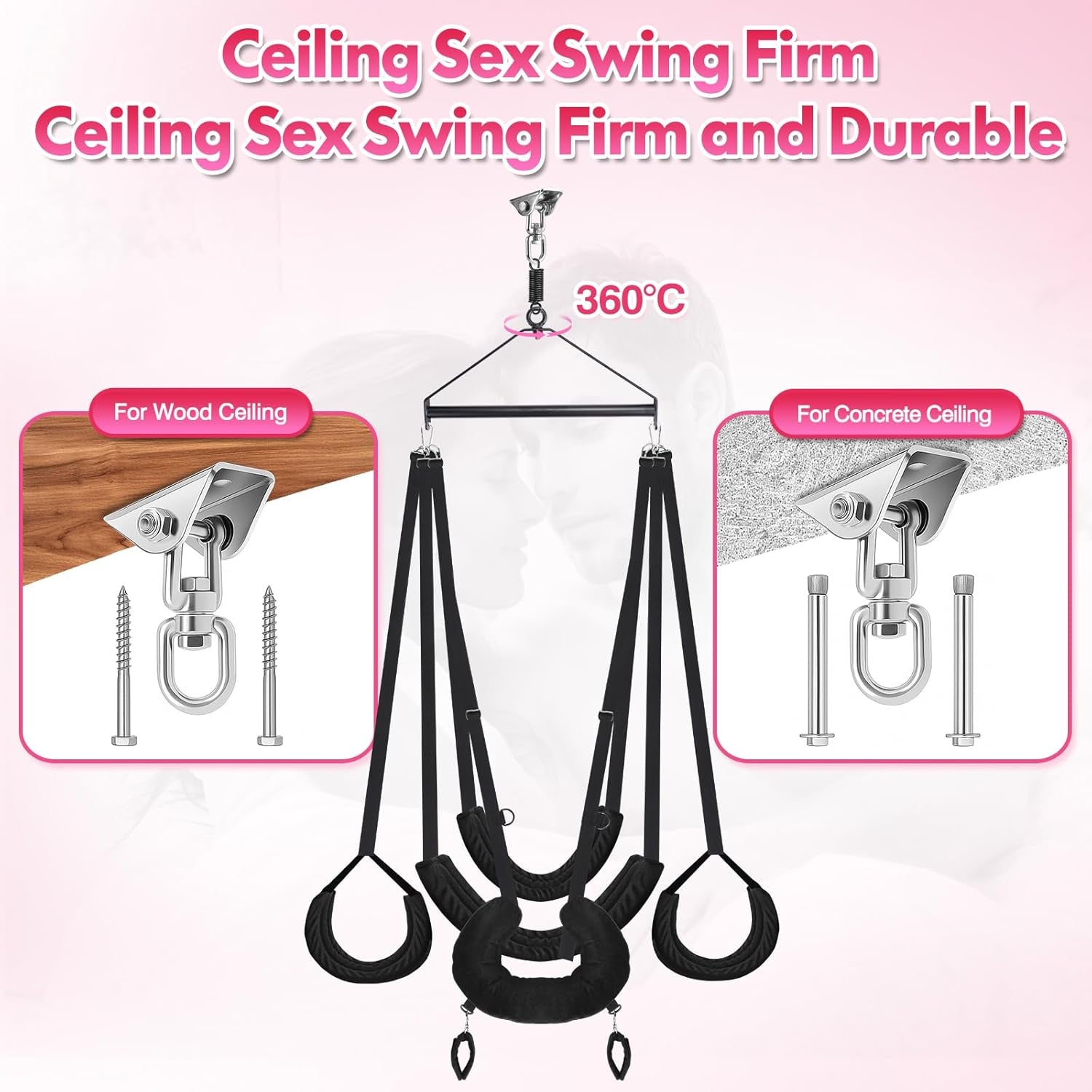 Sex Swing, 360° Spinning Indoor Ceiling Sling, Sex Toys with Sturdy Stand & Extra-Wide Padded Seat for Couples (Pillow Extreme, Black)