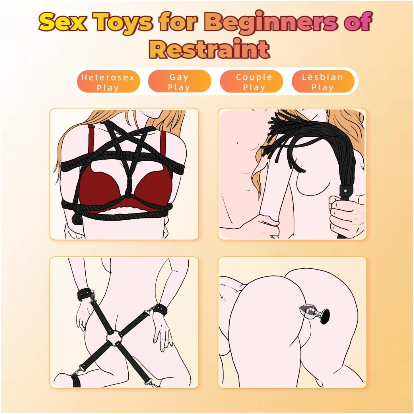 Sex Bondage Restraint Kits BDSM Toys 12 Pcs Handcuffs Ankle Cuffs Anal Plug Nipple Clamps Ball Gag Blindfold Rope Leather Restraints Set Adjustable for Adult Beginners (Black)