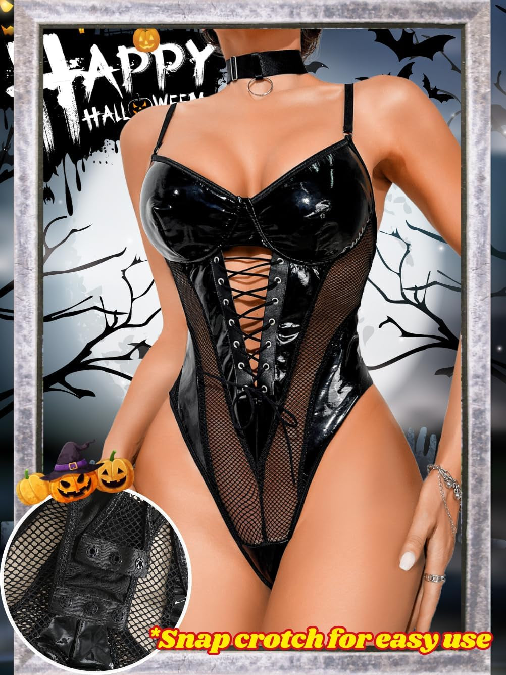 NightVice Wet Look Corset Bodysuit & Choker