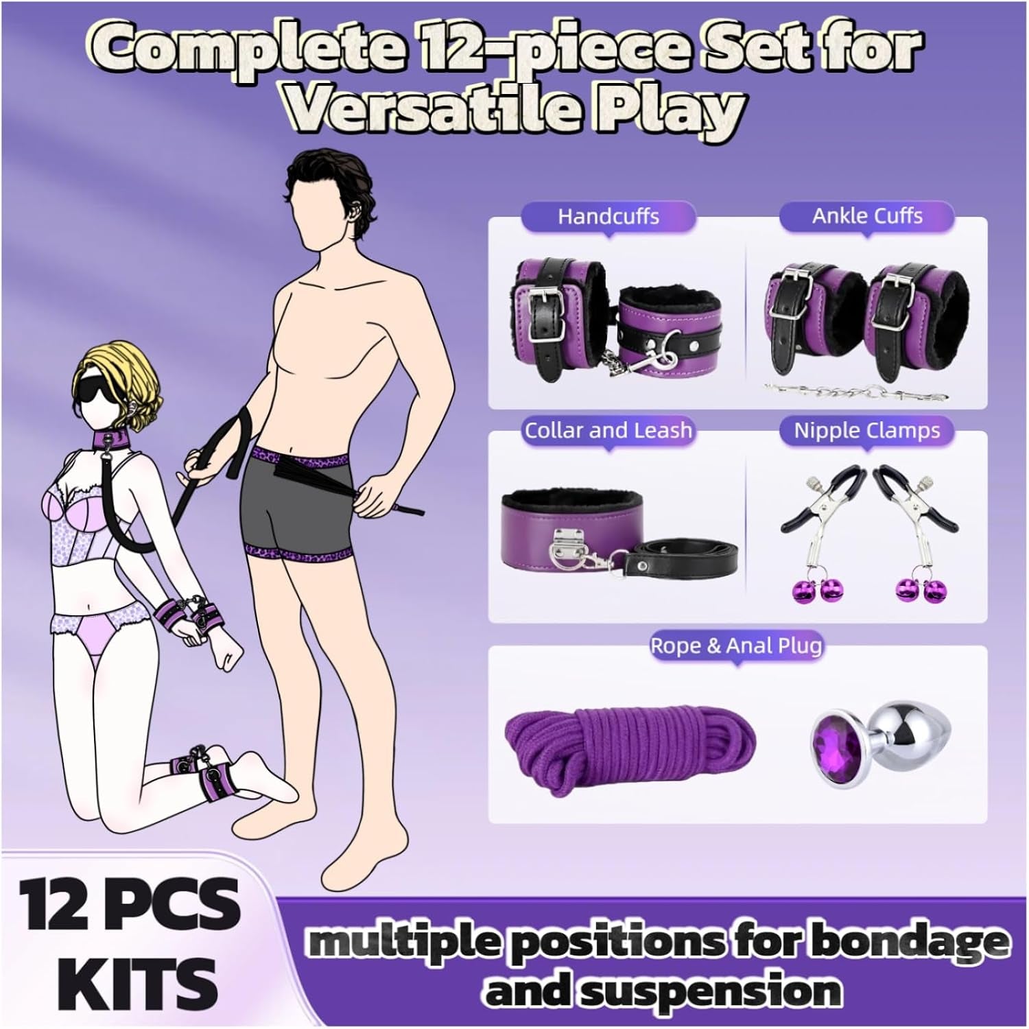 BDSM Bondage Restraint Kits 12PCS Sets Sex Toys Handcuffs Ankle Collar Cuffs Blindfold Feather Tickler Ball Gag Anal Plug SM Games Adjustable for Women Men