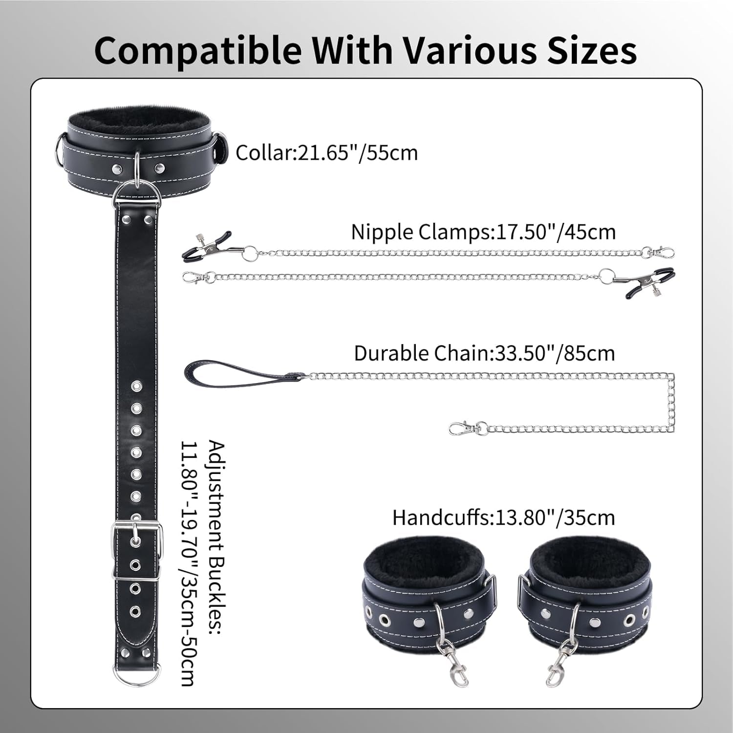 BDSM Sex Bondage Restraints Set - Neck to Wrist BDSM Kit with Traction Chain Nipple Clamps Adjustable Handcuffs Collar Bondage Gear Accessories Sex Things for Couples Kinky Sex Toys for Couples