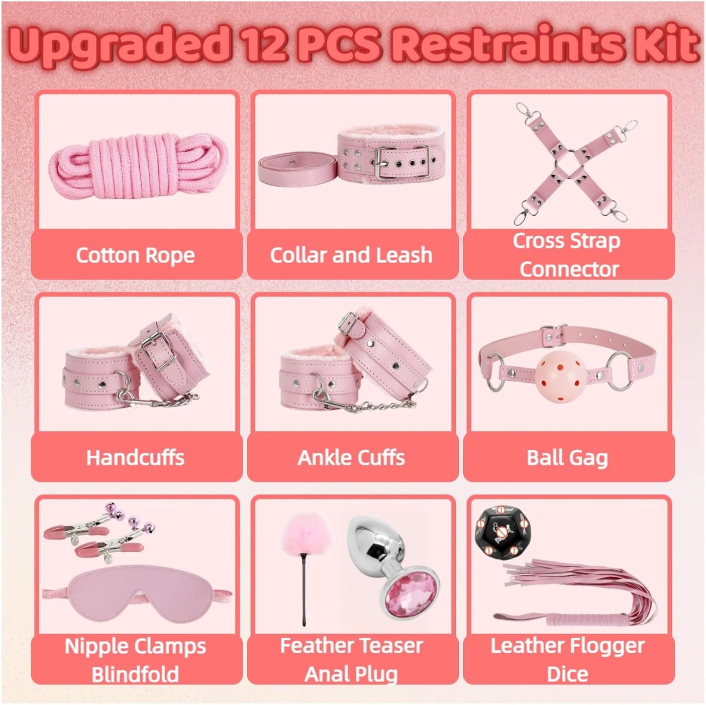 Sex Bondage Restraint Kits BDSM Toys 12 Pcs Handcuffs Ankle Cuffs Anal Plug Nipple Clamps Ball Gag Blindfold Rope Leather Restraints Set Adjustable for Adult Beginners (Pink)