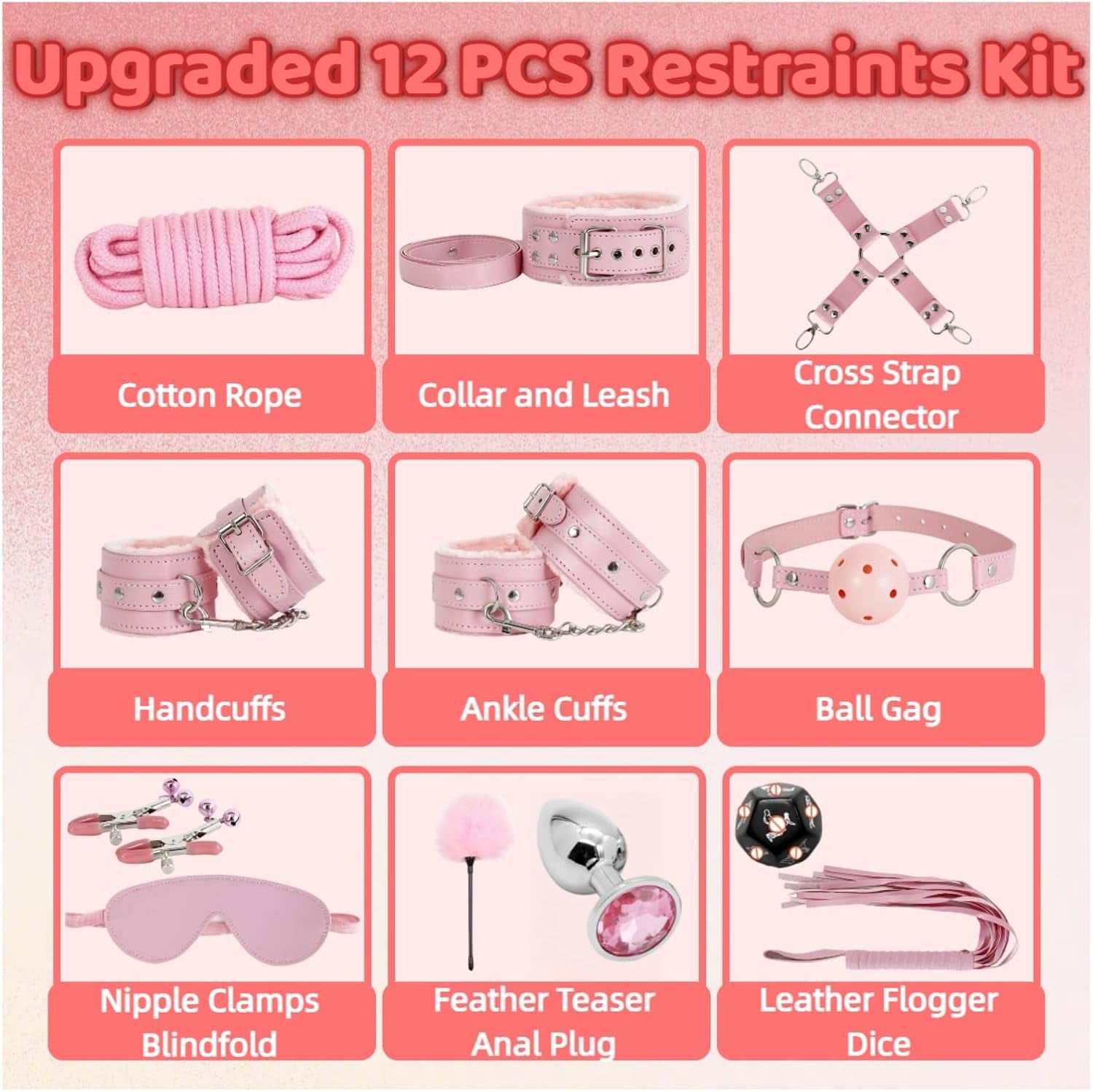 Sex Bondage Restraint Kits BDSM Toys 12 Pcs Handcuffs Ankle Cuffs Anal Plug Nipple Clamps Ball Gag Blindfold Rope Leather Restraints Set Adjustable for Adult Beginners (Pink)