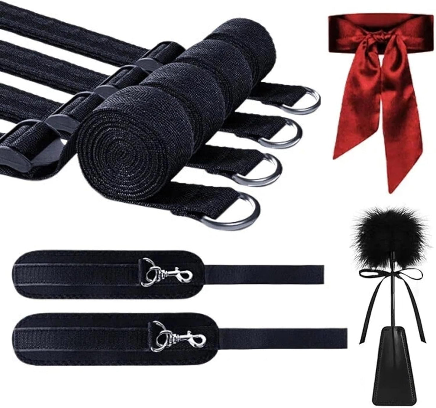 Sex Bondage BDSM Bed Restraints, Couples Sex Toys 75'' Bondage Sex Straps Restraints Set Adjustable with Handcuffs Blindfold Tickler, BDSM Kit Couple Adult Toy