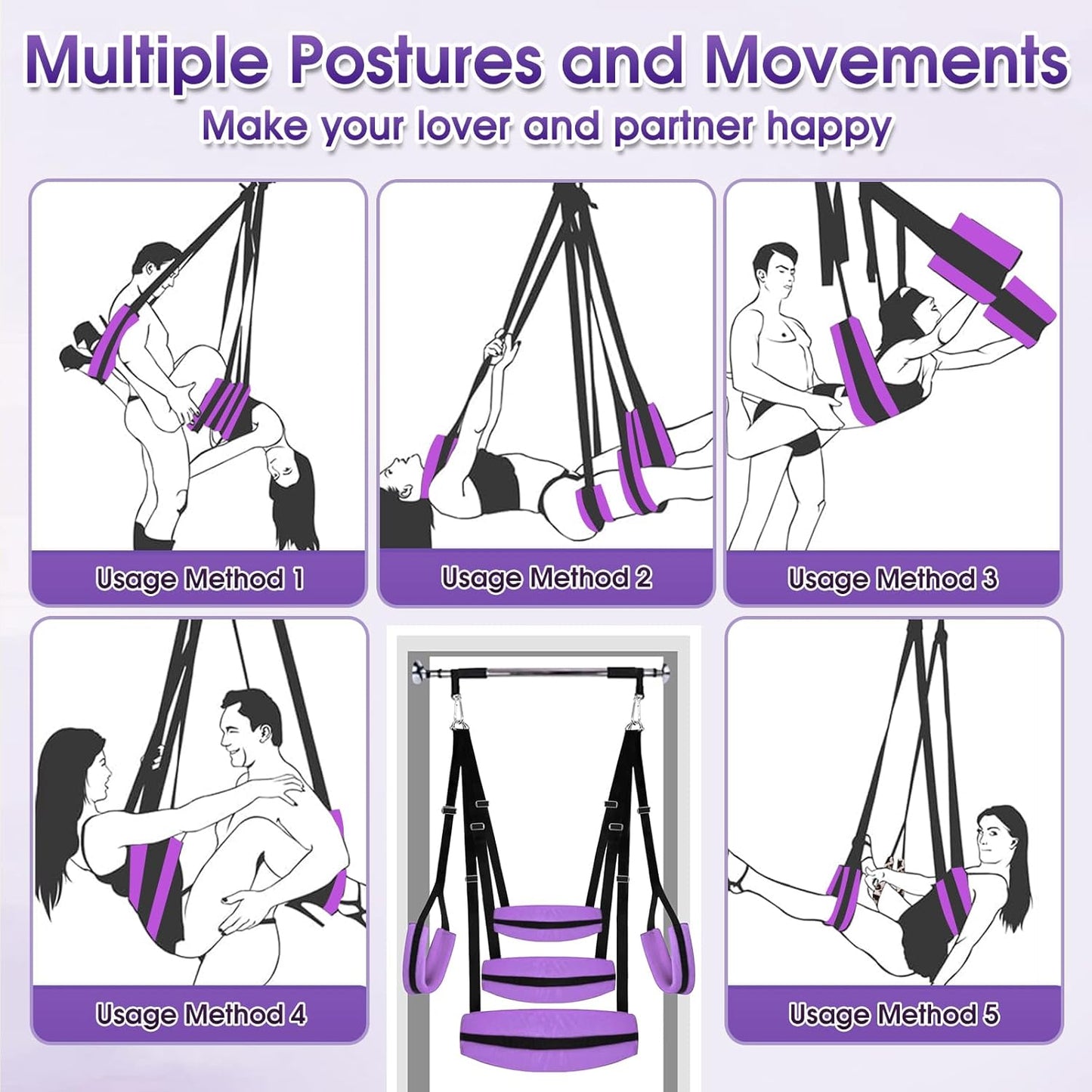 BDSM Sex Swing Adult Sex Toys Heavy Duty Sex Swings with Hanging Door Straps Adjustable Sex Sling Widened Padding Seat Bondage Thigh Restraints, Sex Furniture for Couples Kinky Sex Toy Purple