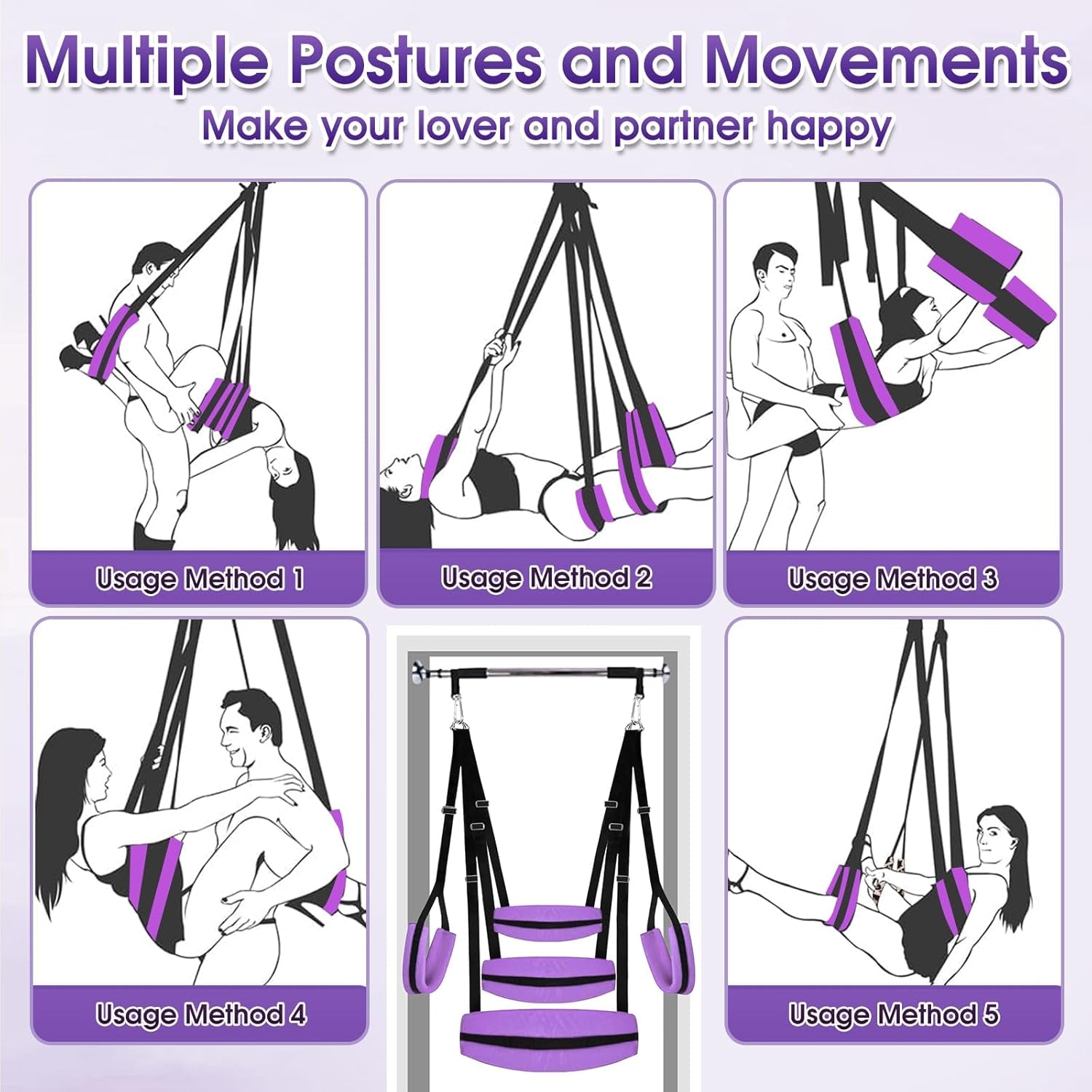 BDSM Sex Swing Adult Sex Toys Heavy Duty Sex Swings with Hanging Door Straps Adjustable Sex Sling Widened Padding Seat Bondage Thigh Restraints, Sex Furniture for Couples Kinky Sex Toy Purple