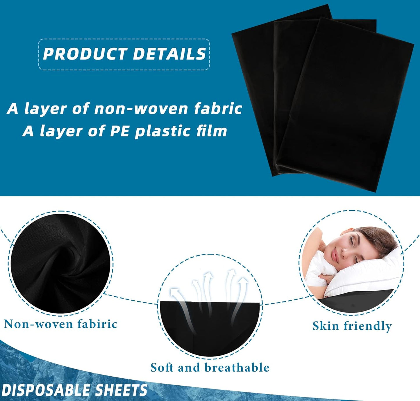 50 Pieces 31 X 70 Inches Disposable Bed Sheets Bed Cover Massage Table Sheet Non-Woven Fabric for Spa, Lash, Beauty Salon, Waxing, Hotels(Black)