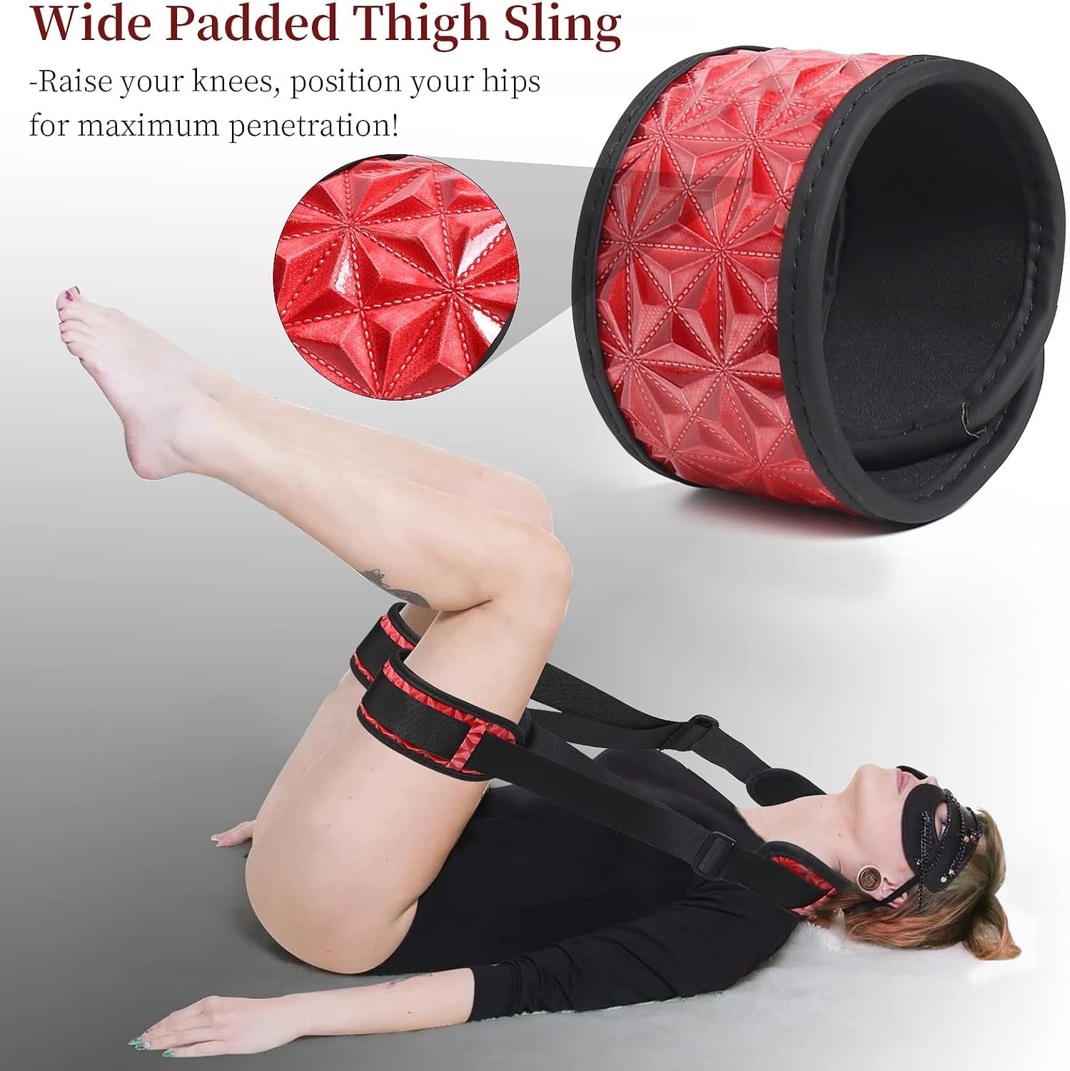 Sex Bondage Leg Restraints, Neck to Thigh Sling Adjustable Straps Bed Restraints for Couples BDSM Toys Tie down Rope Cuffs Kit for Beginner (Red Classic)