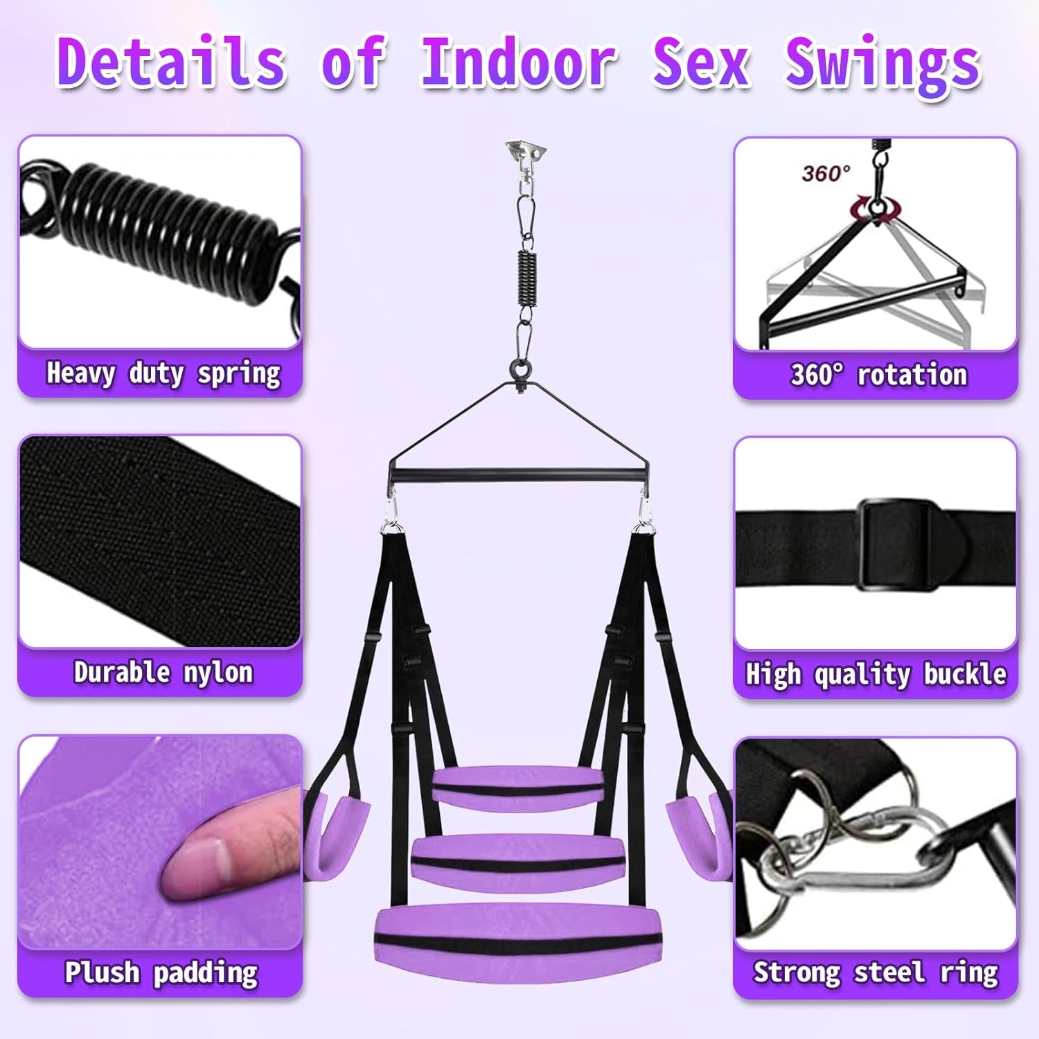 Sex Swing 360° Spinning Indoor Ceiling Sling with Widened Comfortable Seat, BDSM Sex Swings with Premium Paint Stand Adjustable Nylon Straps Strong Metal Hardware, Adult Sex Toys for Couples