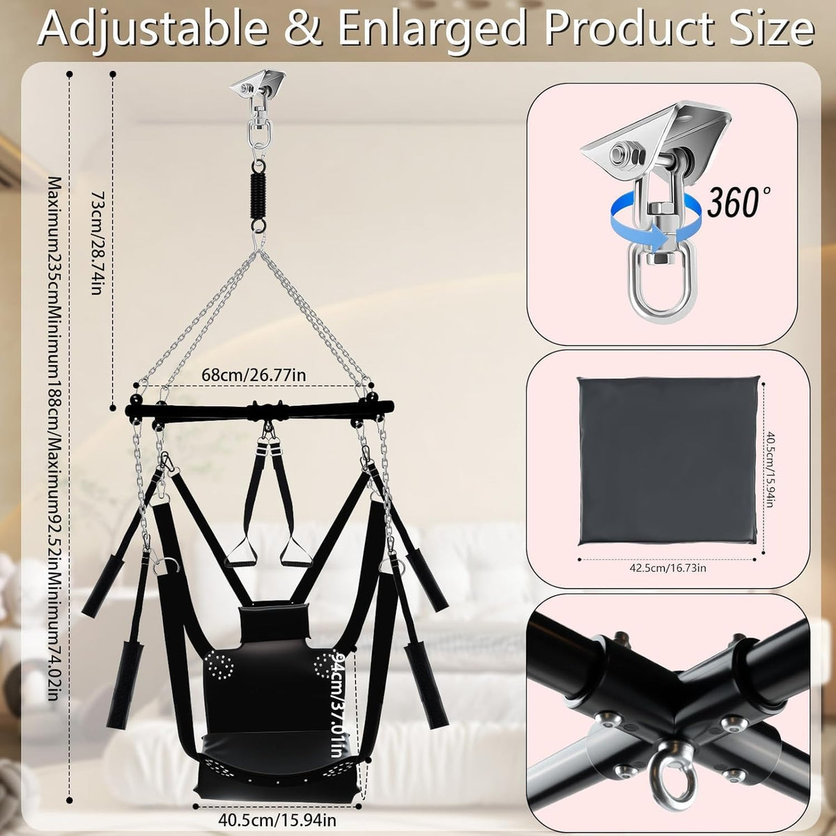 SilentSurrender 360° Spinning Ceiling Sex Swing with Steel Frame and Cuffs
