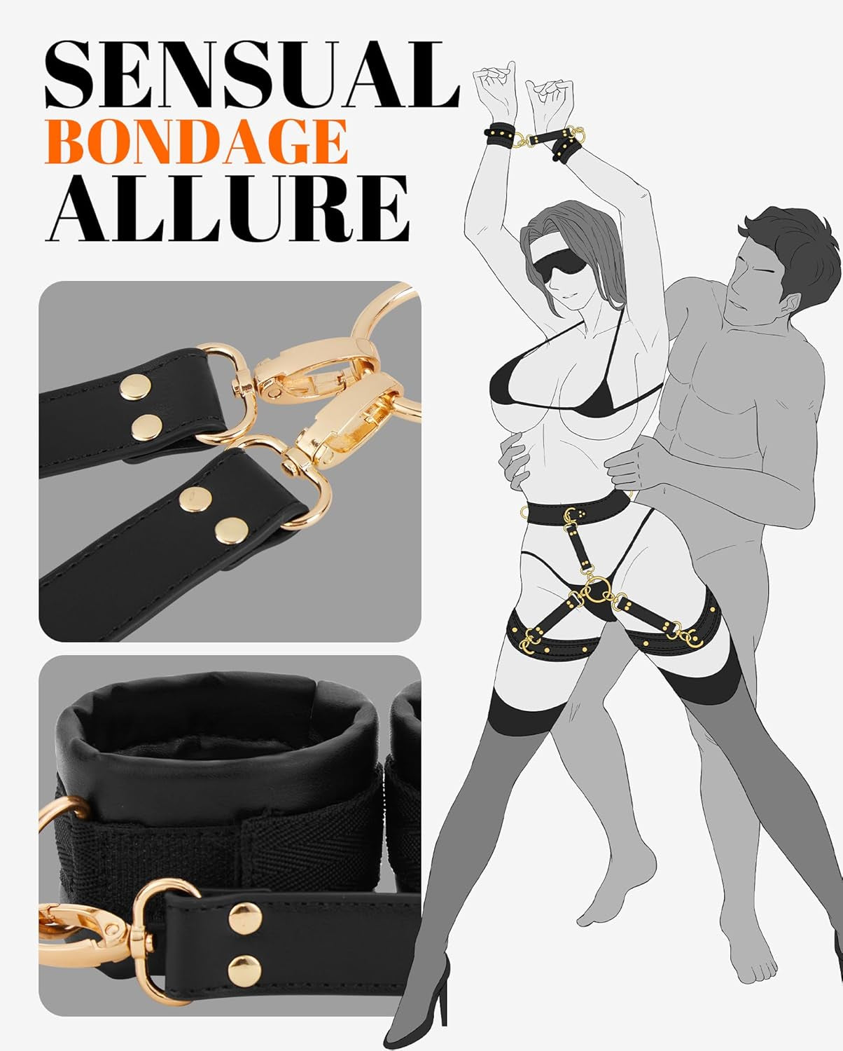Sex Bondage BDSM Kit Restraints Adult SM 6PCS Sets with Adjustable Handcuffs Ankle Cuff Thigh Cuffs Waist Strap Blindfold Cross Strap Sex Toys for Men Women and Couples, Black