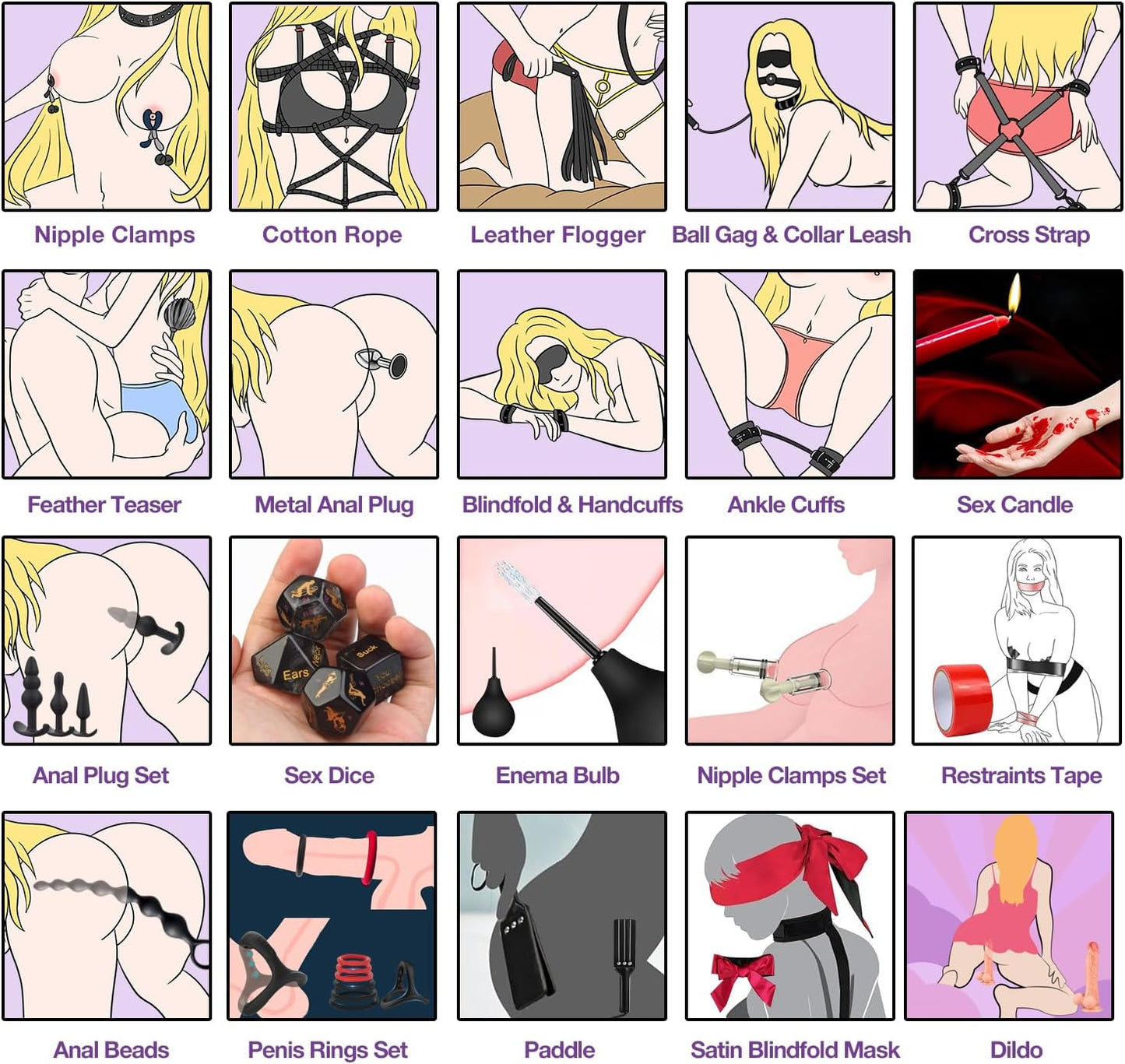 Sex Toys BDSM Restraints Dildo, 36Pcs Kit Bondage Gear and Accessories for Adult Women and Couples (Blcak)
