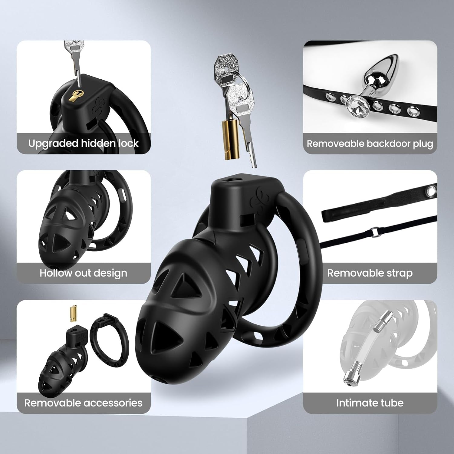 OnyxControl Black Chastity Cage Kit – Rings, Plug & Hidden Lock
