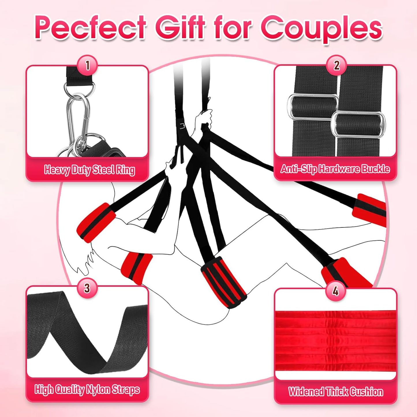 Upgraded Sex Swing BDSM Sex Toys Sex Swings with Door Hanging Straps Widened Thick Cushion Adjustable Sex Sling Hardware Buckle, Door Swing for Adult Sex Toys & Game Red