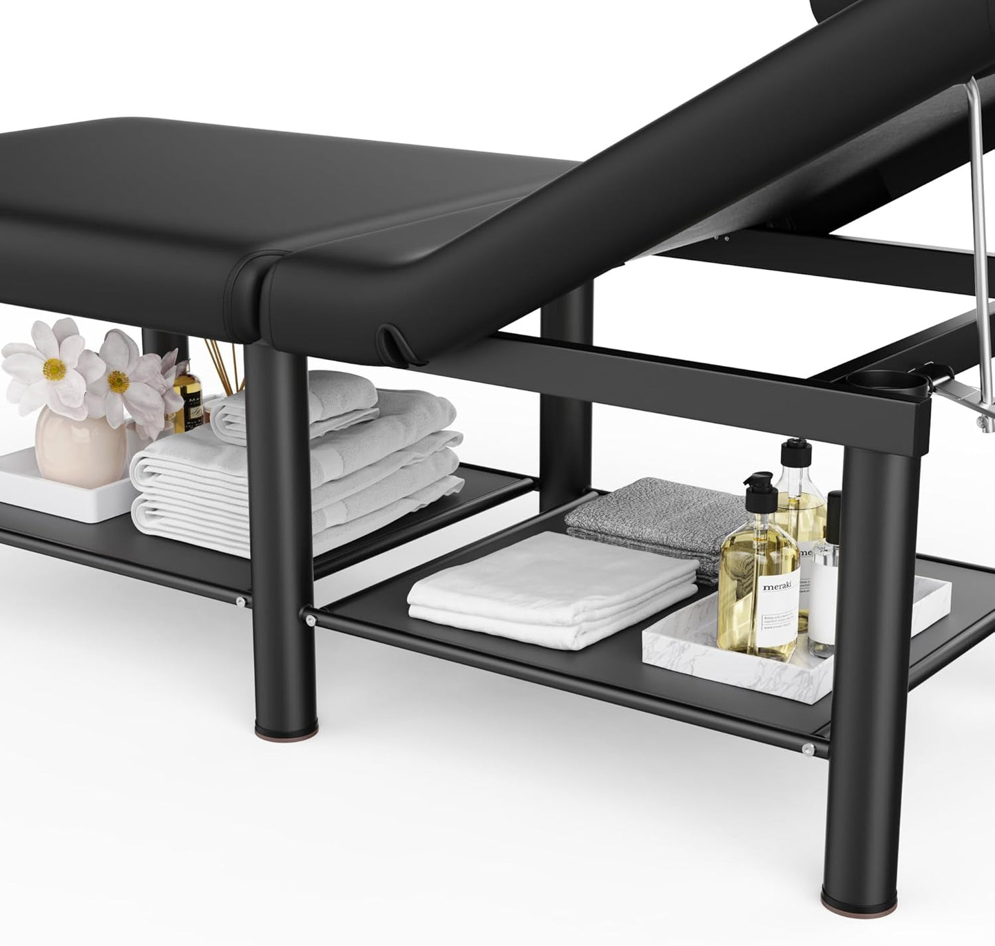 Folding Stationary Massage Table with Backrest and Storage Space, 6 round Legs Metal Frame PU Leather, 30.5'' Wide × 75'' Long for Treatment Table Physical Therapy Table Spa Facial Bed, Black