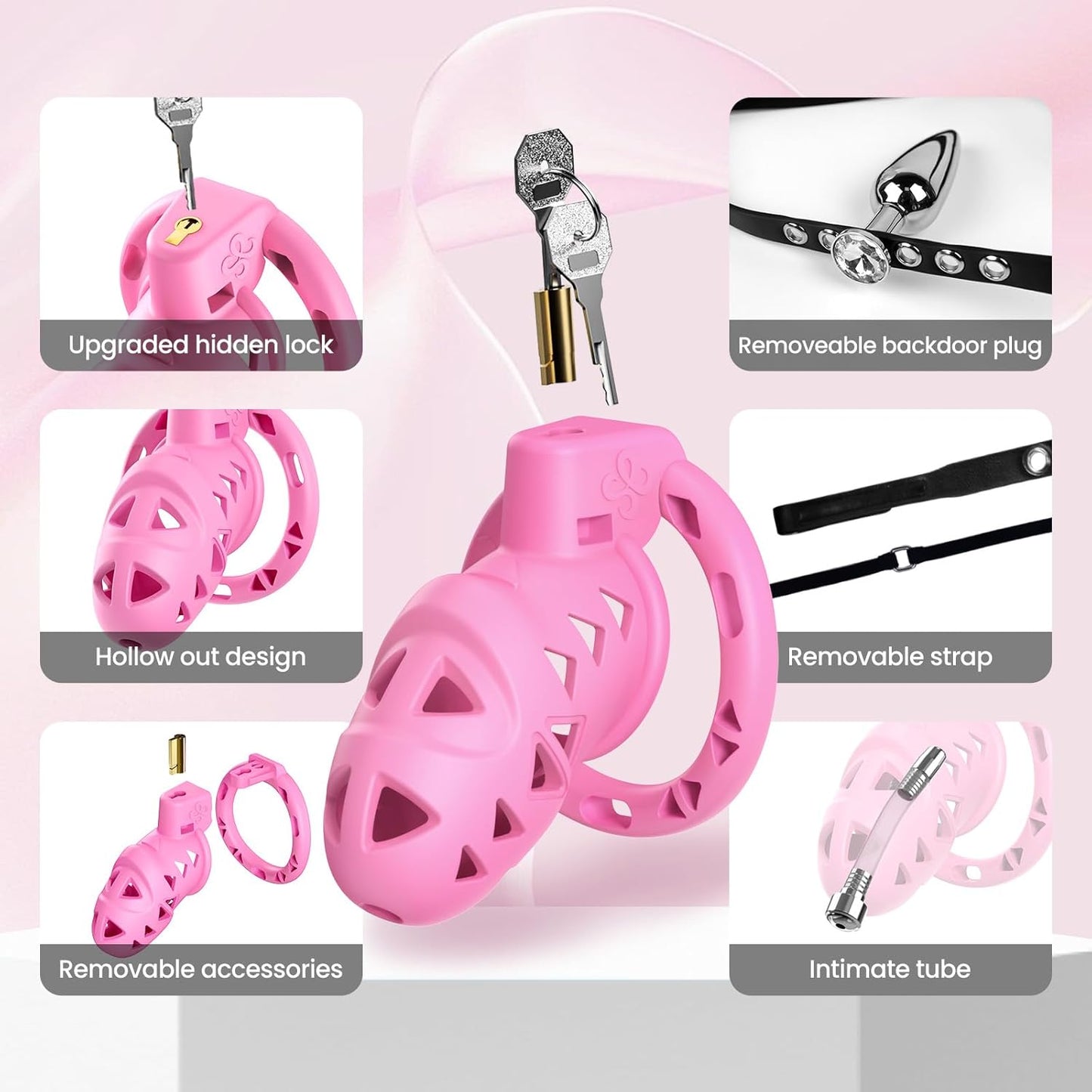 BlushControl Pink Chastity Cage Kit – Rings, Plug & Hidden Lock