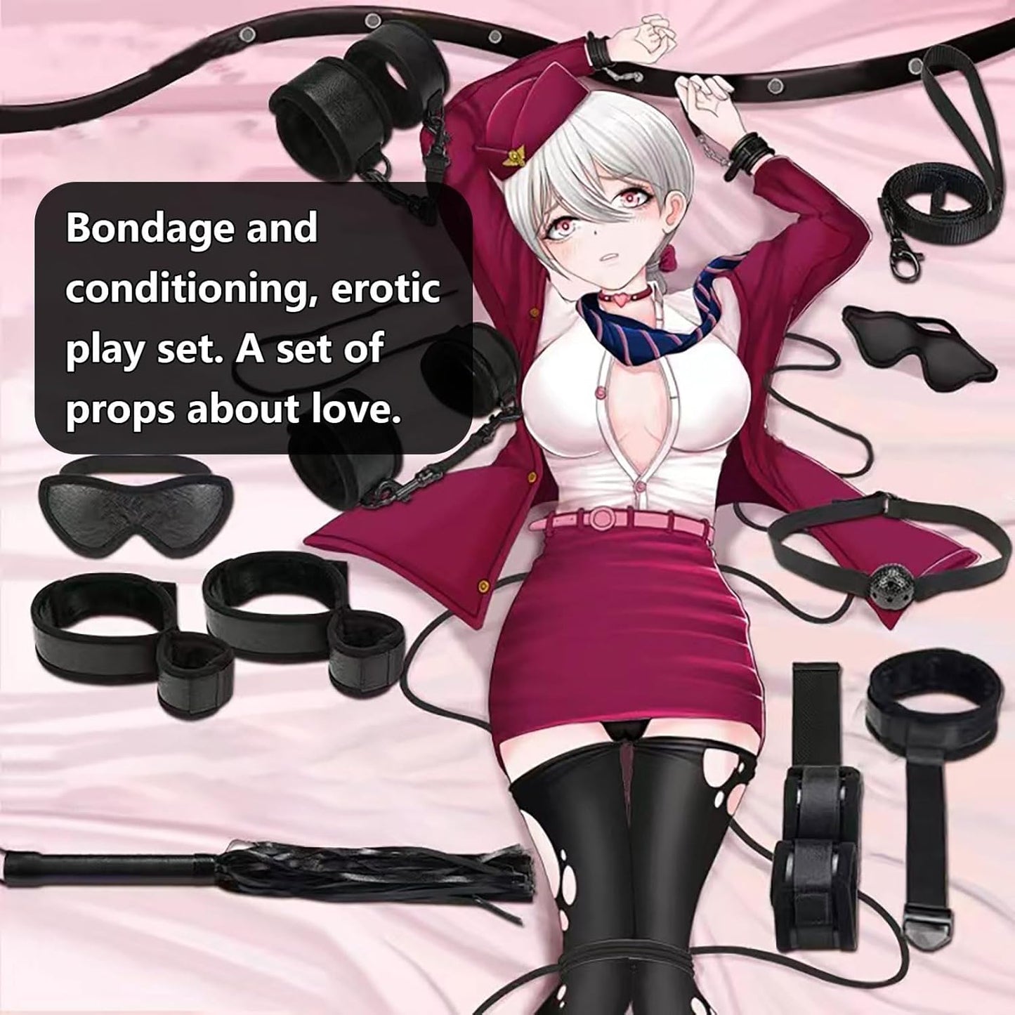 7-Pcs BDSM Kit for Beginners, Black Bondage Set for Couples with Adjustable Wrist & Ankle Cuffs, Collar, Blindfold, Ball Gag, Flogger & Ropes, Complete Adult Toy