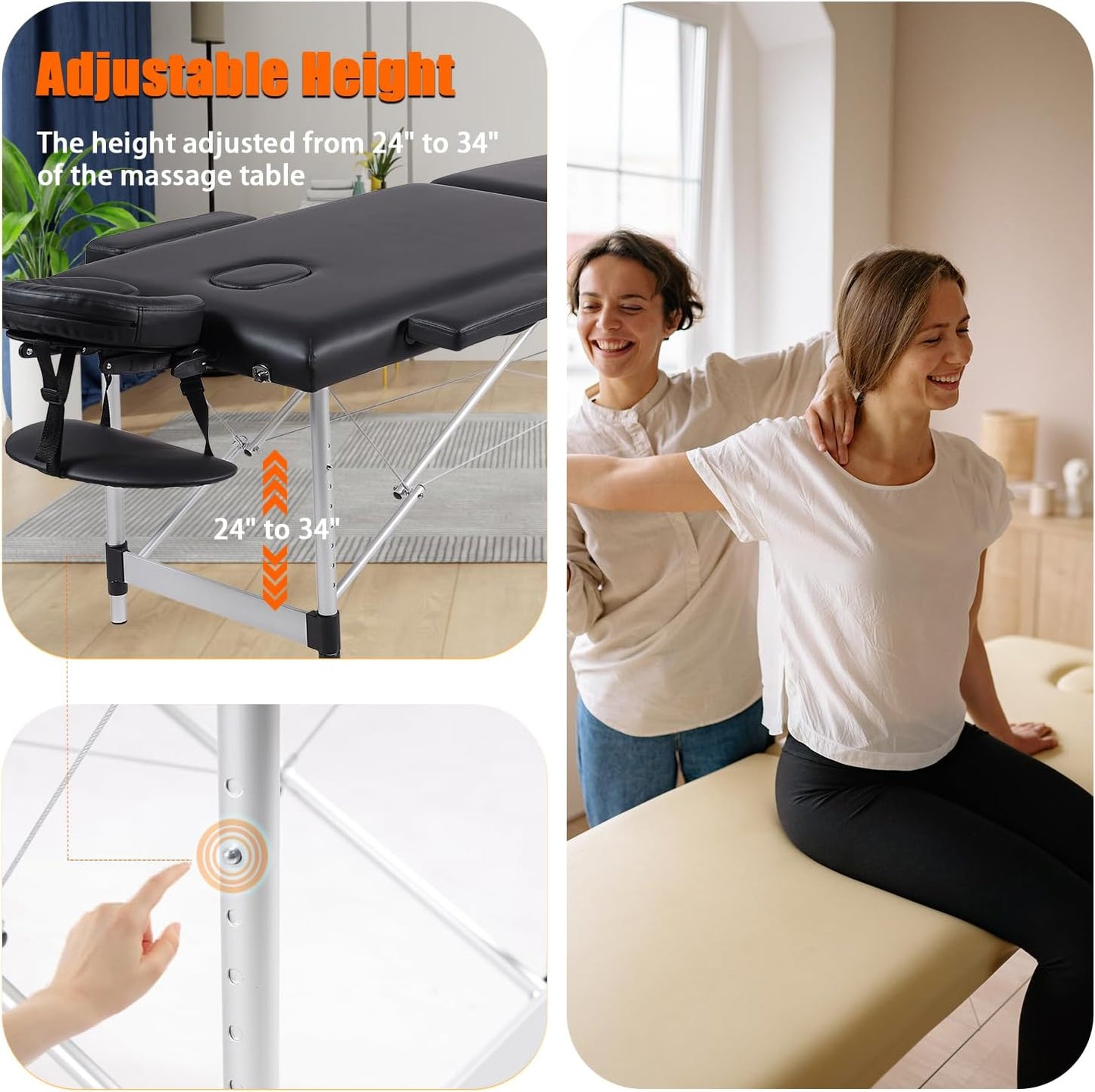 Portable Massage Table with Neck Stretcher, Light Weight 84 in Massage Bed Adjustable Lash Bed Tattoo Table for Eyelash Extensions Beauty Spa (Aluminum, Black)
