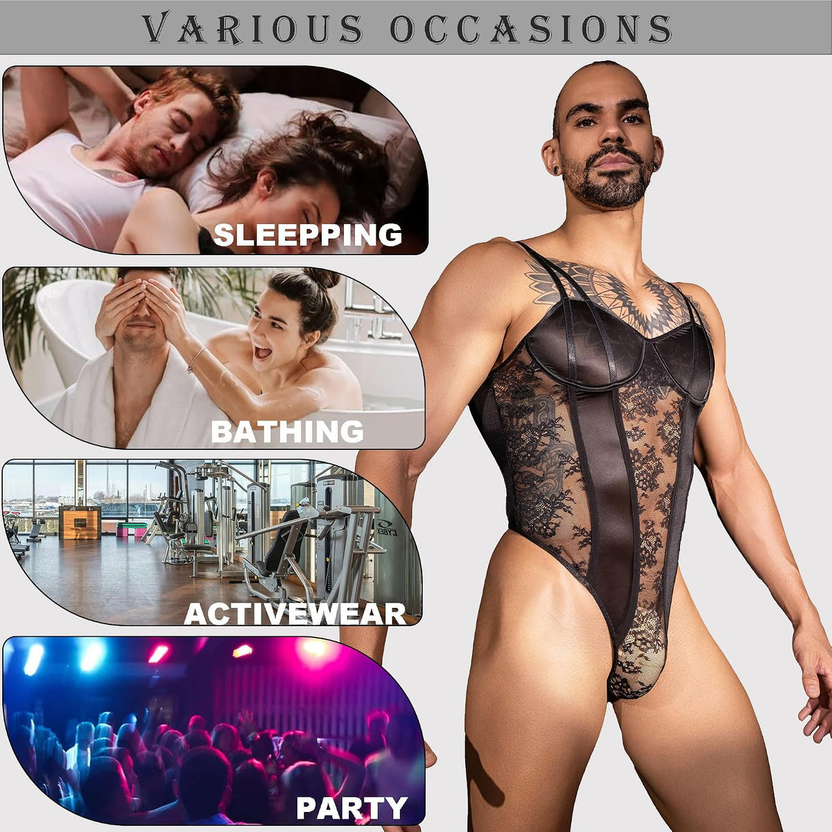 NightSheer Men's Lace Bodysuit | BDSM Roleplay Lingerie