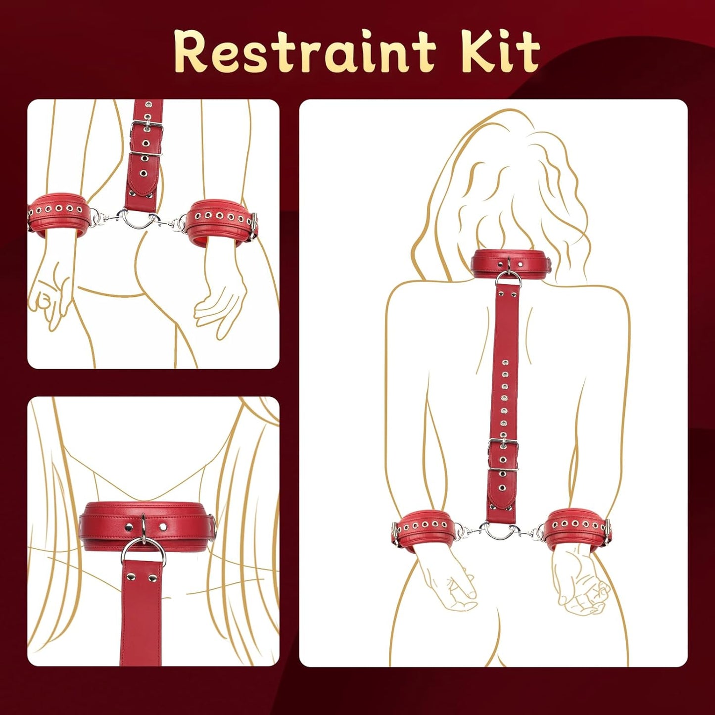 BDSM Bondage Sex Restraints Set Couples Sex Toys, Neck to Wrist Restraints Kit with Traction Chain Back Sex Handcuffs Collar Adjustable Bondage Gear Accessories SM Sexy Slave Beginner Role Play Games