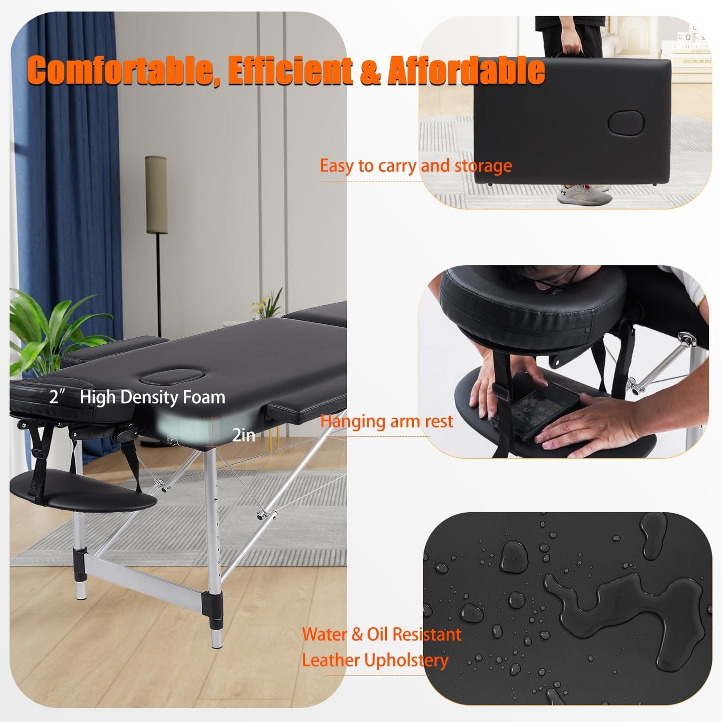 Portable Massage Table with Neck Stretcher, Light Weight 84 in Massage Bed Adjustable Lash Bed Tattoo Table for Eyelash Extensions Beauty Spa (Aluminum, Black)