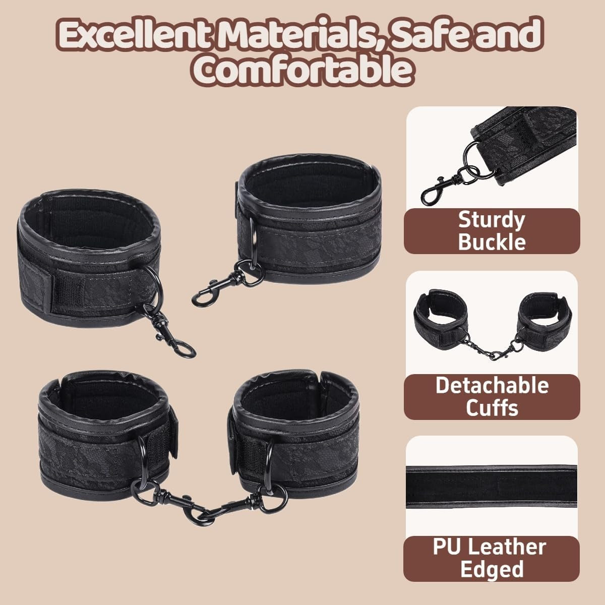 Spreader Bar BDSM Bondage Restraints Kit 11PCS Sex Toys Handcuffs Ankle Collar Cuffs Nipple Clamps Ball Gag Blindfold Paddle Dice PU Leather Lace Pattern Adjustable Adult Games for Couples