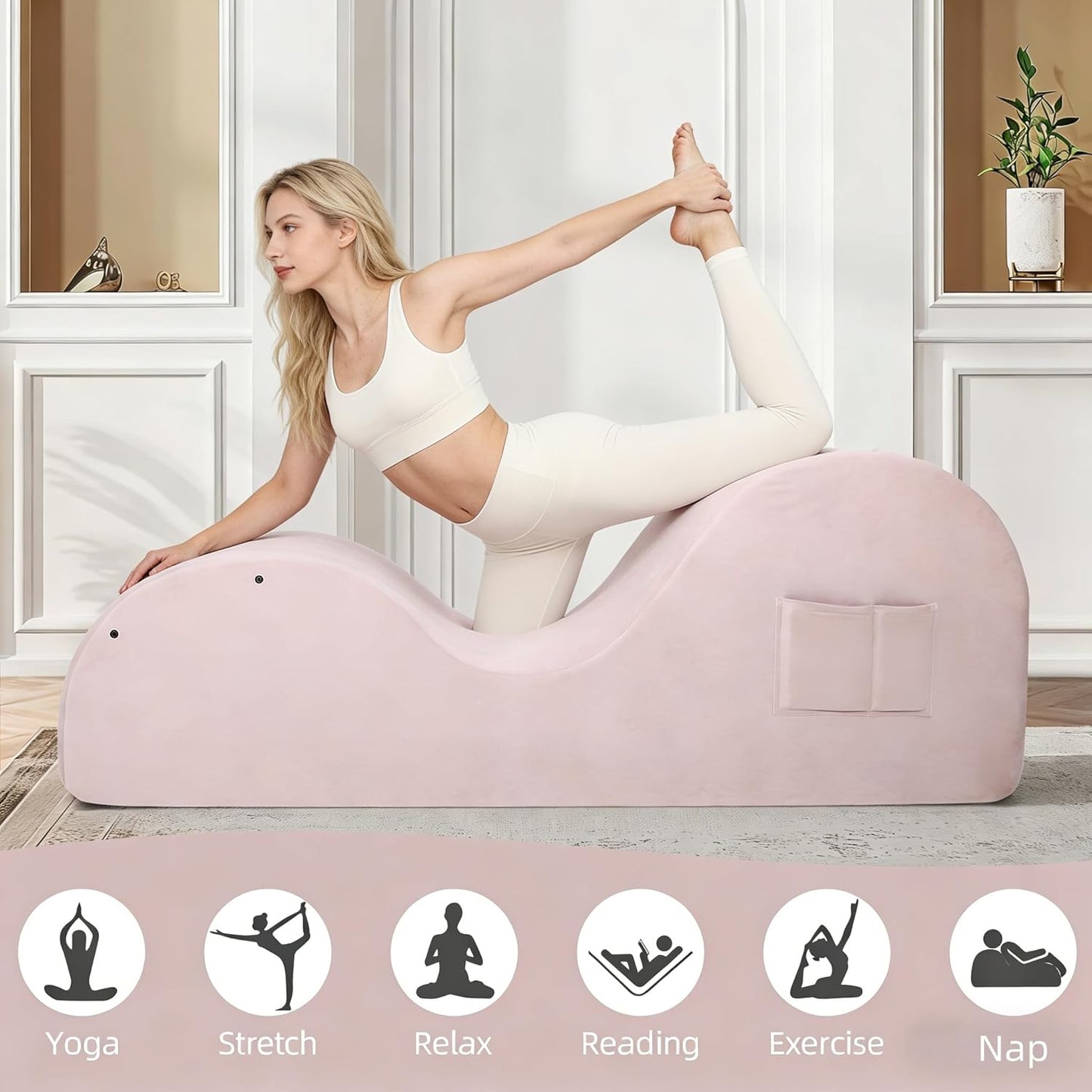 Chaise Lounge Chair for Yoga, Chaise Lounge with Headrest, Waist Pad, Foot Pad, Washable Cover Side Pockets Non-Slip Bottom, Yoga Chair for Relaxation Stretching (Pink, Large)