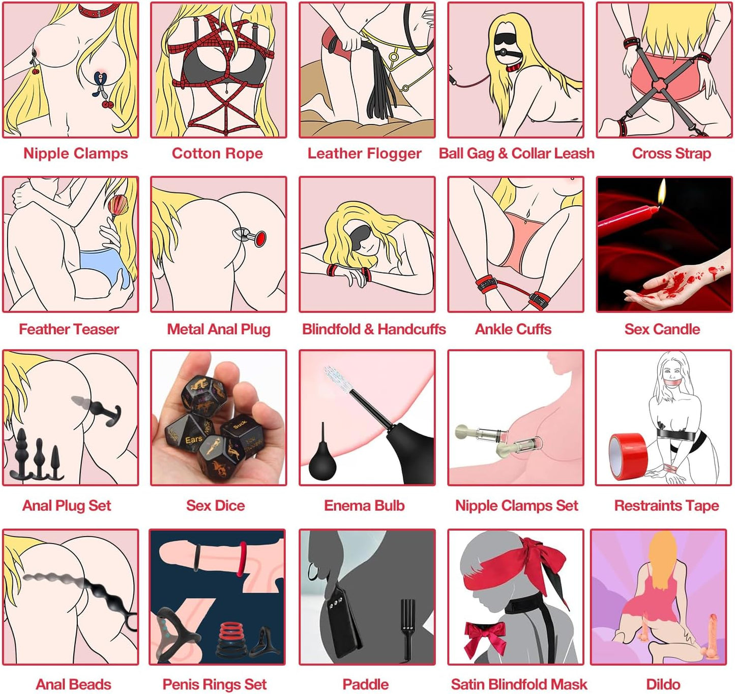 Sex Toys BDSM Restraints Dildo, 36Pcs Kit Bondage Gear and Accessories for Adult Women and Couples (Red)