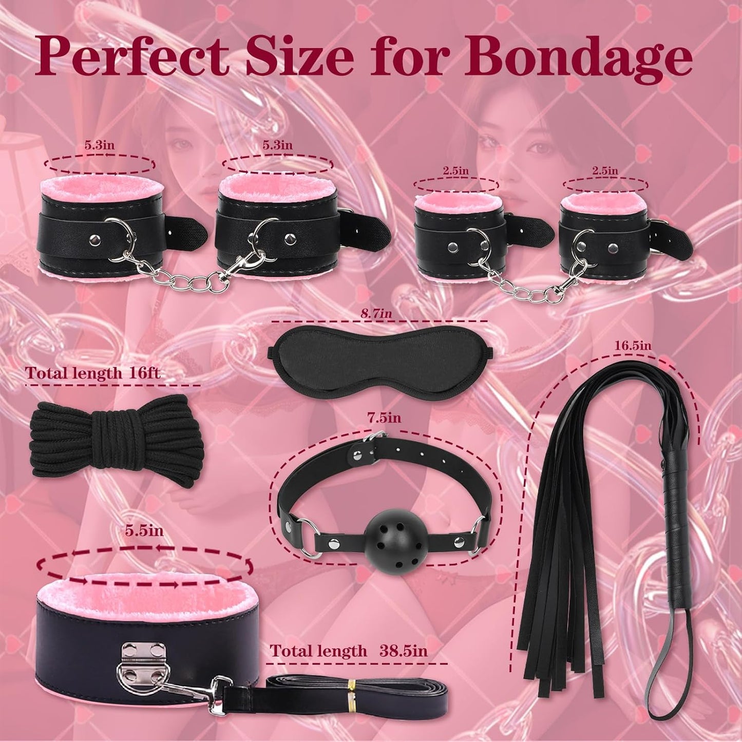 BDSM Bondage Kit Sex Toys 8 Pcs Sex Bondage Set for Beginners Ball Gag Bondage Rope BDSM Kit for Couples (Pink, 8PCS)