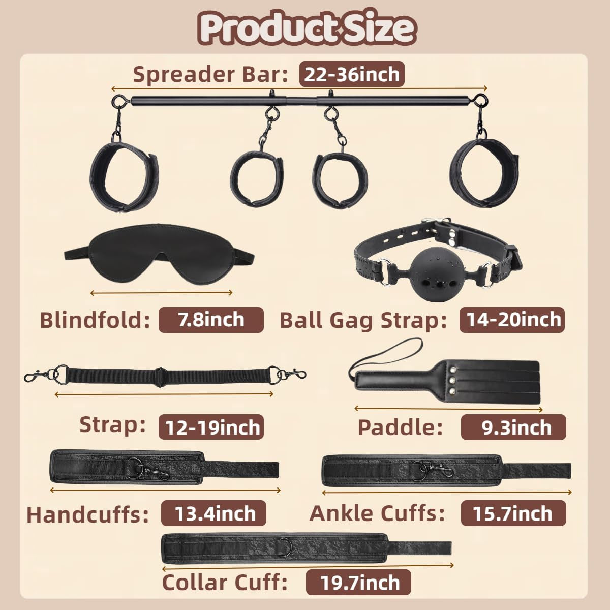 Spreader Bar BDSM Bondage Restraints Kit 11PCS Sex Toys Handcuffs Ankle Collar Cuffs Nipple Clamps Ball Gag Blindfold Paddle Dice PU Leather Lace Pattern Adjustable Adult Games for Couples