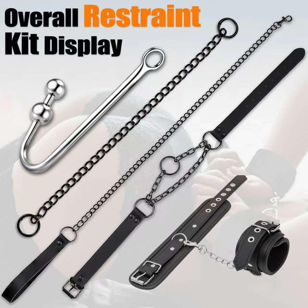 BDSM Adult Anal Hook Sex Bondage Restraints Set， Couples Sex Toys with Leather Chain Leash Collar, Metal Anal Trainer and Adjustable Harness BDSM Kit Adult Sex Toys for Men or Womens