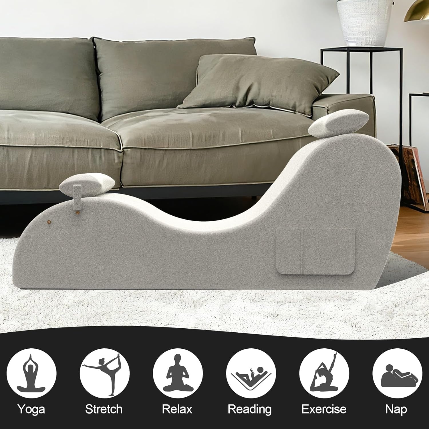 Chaise Lounge Chair for Yoga, Chaise Lounge with Headrest, Foot Pad, Washable Cover, Side Pockets, Non-Slip Bottom, Chair for Relaxation Stretching (Beige)