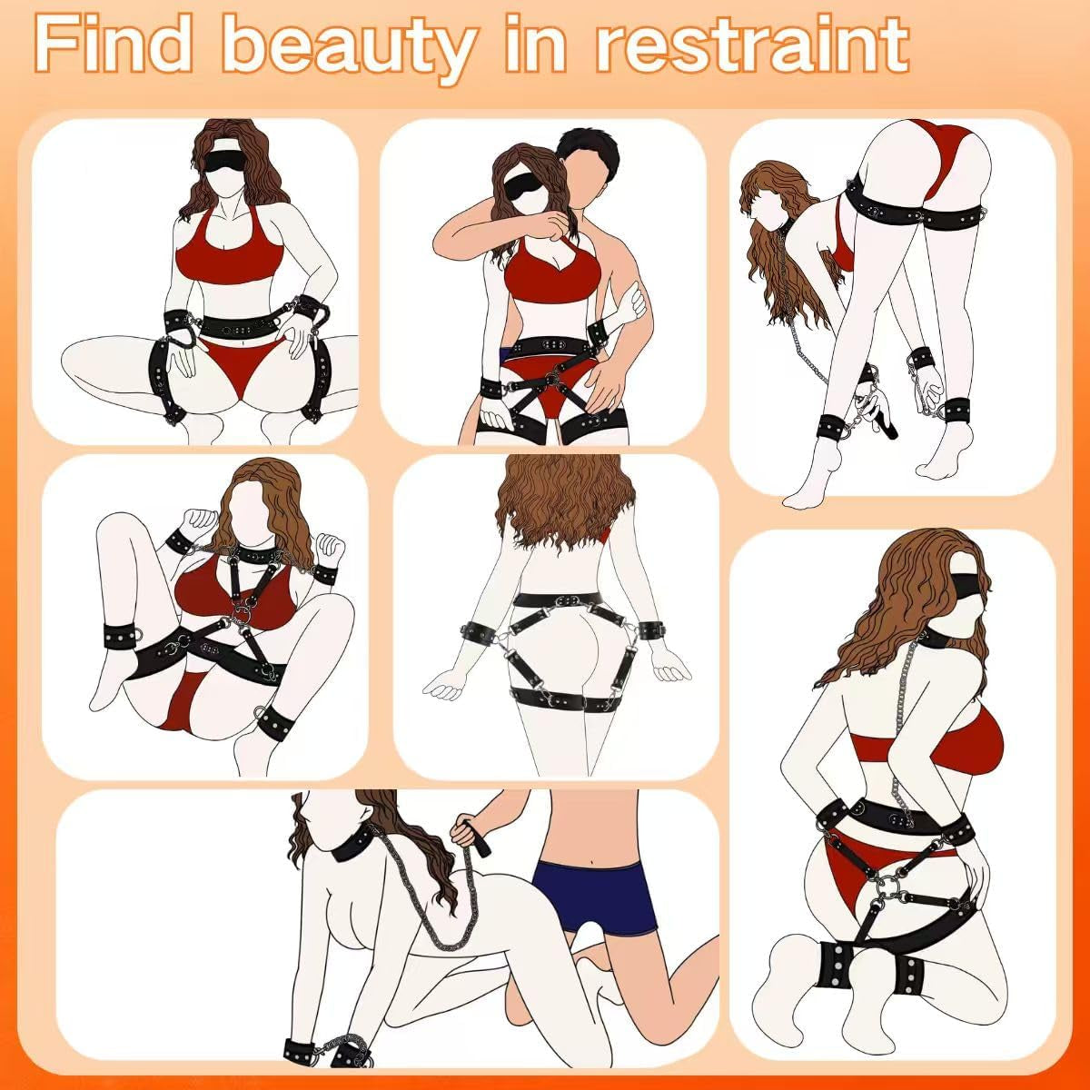 Sex Bondage Restraints BDSM Kit 9 PCS Handcuffs Ankle Collar Cuffs Thigh Cuff Blindfold Waist Strap Cross Strap Traction Chain Sex Toys Adjustable for Couple Men and Women