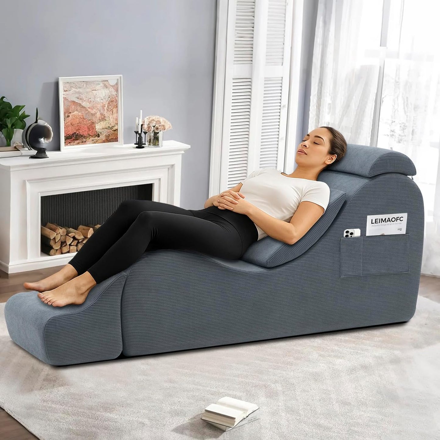 Yoga Chair Lounge for Adult, Ergonomic Chaise Lounge Chair with Side Pocket, Headrest, Waist Pad, Ottoman，Perfect for Stretching, Massage, and Relaxation, Used in Living Room, Bedroom（Dark Gray）